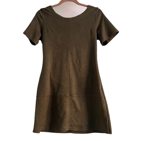 Vegan Suede Fit and Flare Dress Olive Green Neutral Size Small - Picture 1 of 5